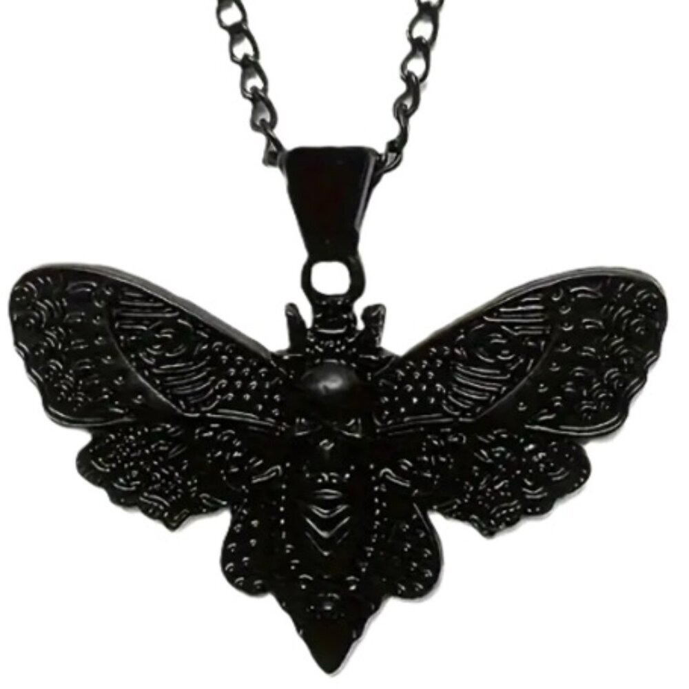 Vintage Gothic Style Butterfly Moth Skull Pendant Necklace Intricate Detailing